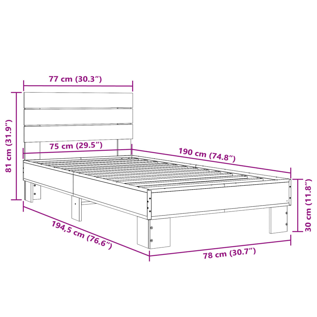 Sängram rökfärgad ek 75x190 cm konstruerat trä och metall