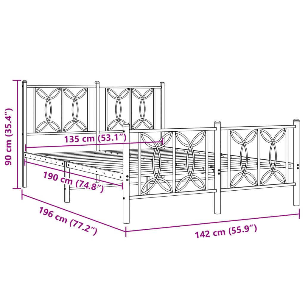 Sängram med huvudgavel och fotgavel svart metall 135x190 cm