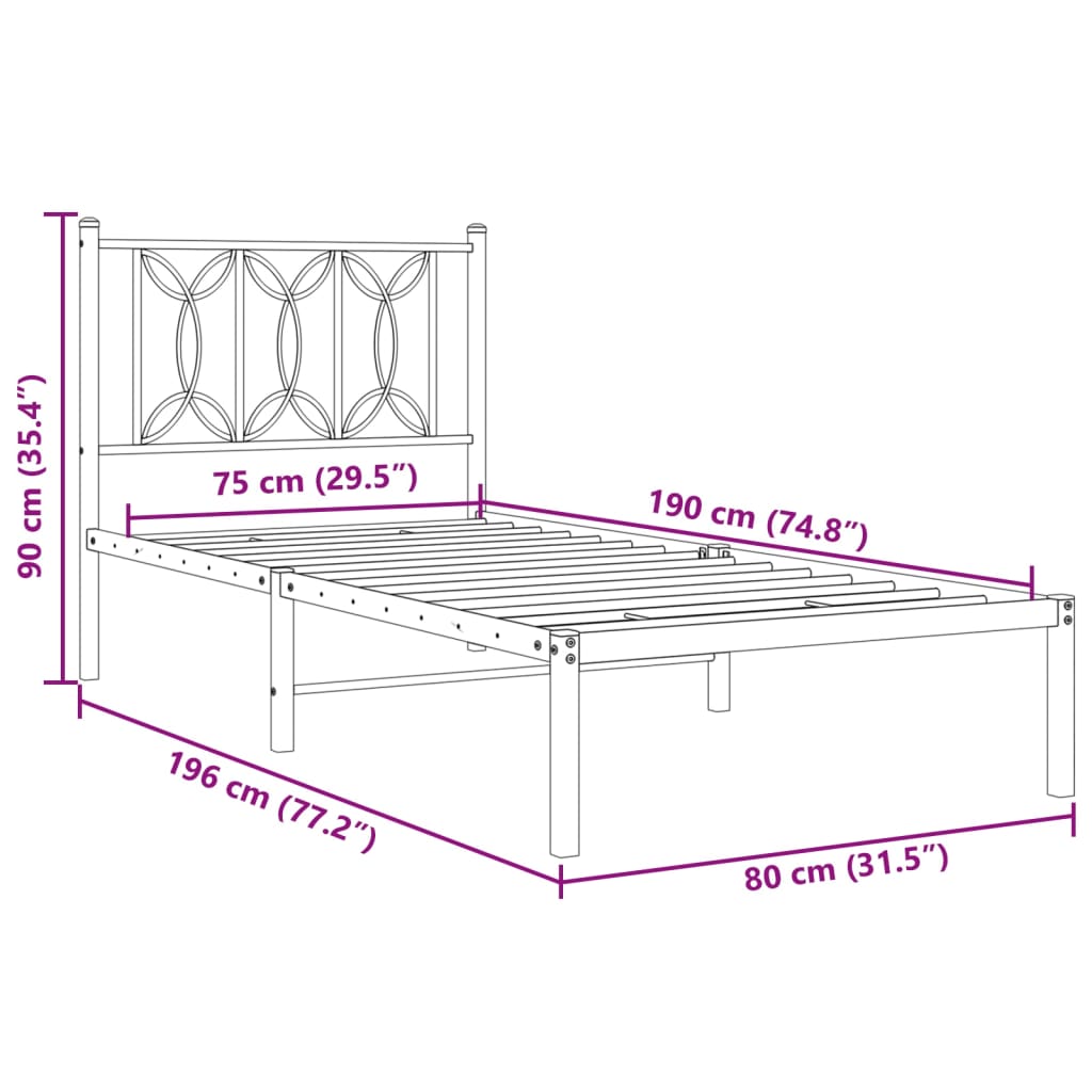 Sängram utan madrass med huvudgavel metall vit 75x190 cm