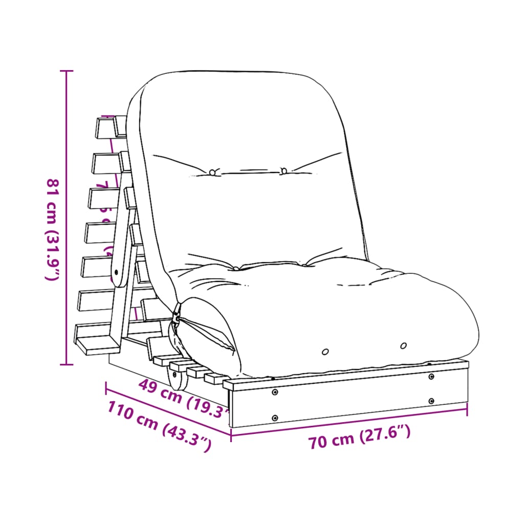 Futonbäddsoffa med madrass 70x206x11 cm massiv furu