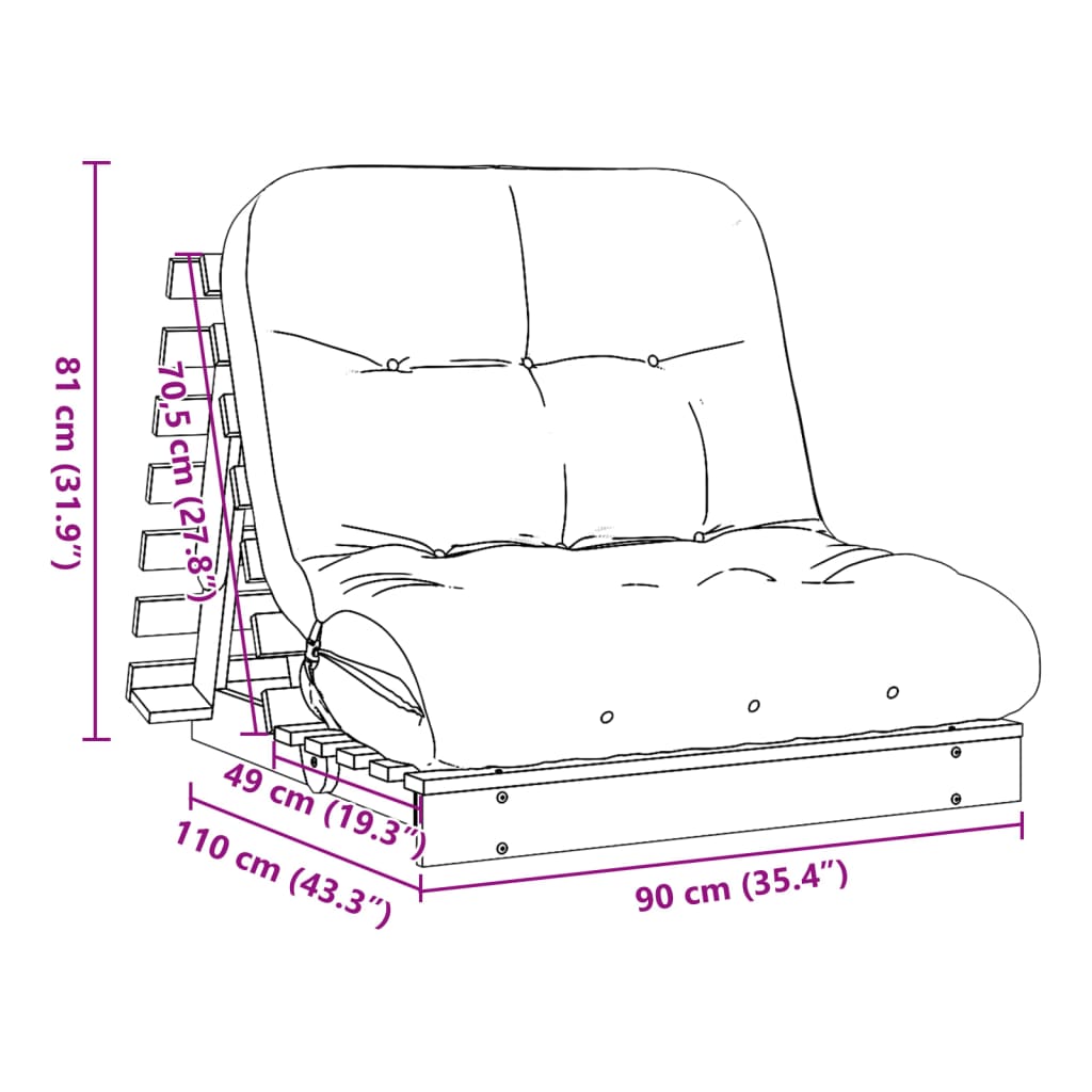 Futonbäddsoffa med madrass vit 90x206x11 cm massiv furu