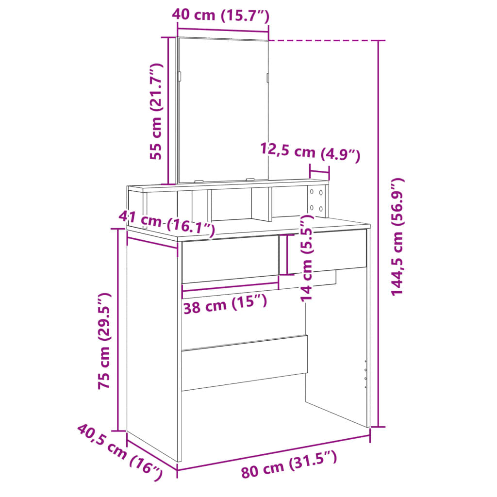 Sminkbord med spegel vit 80x41x144,5 cm