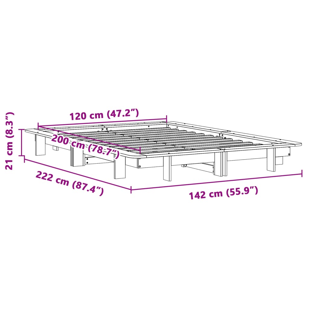 Sängram utan madrass vit 120x200 cm massiv furu