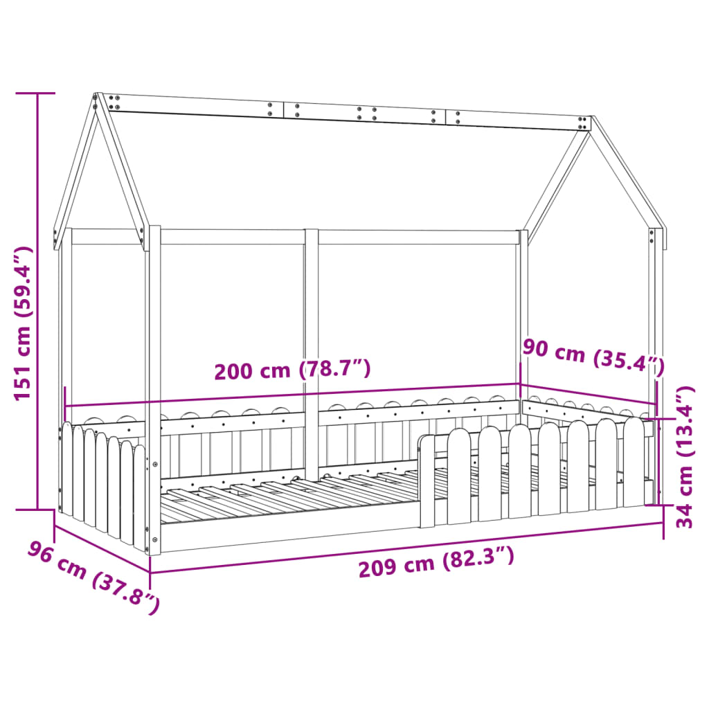 Barnsäng med husram vit 90x200 cm massiv furu