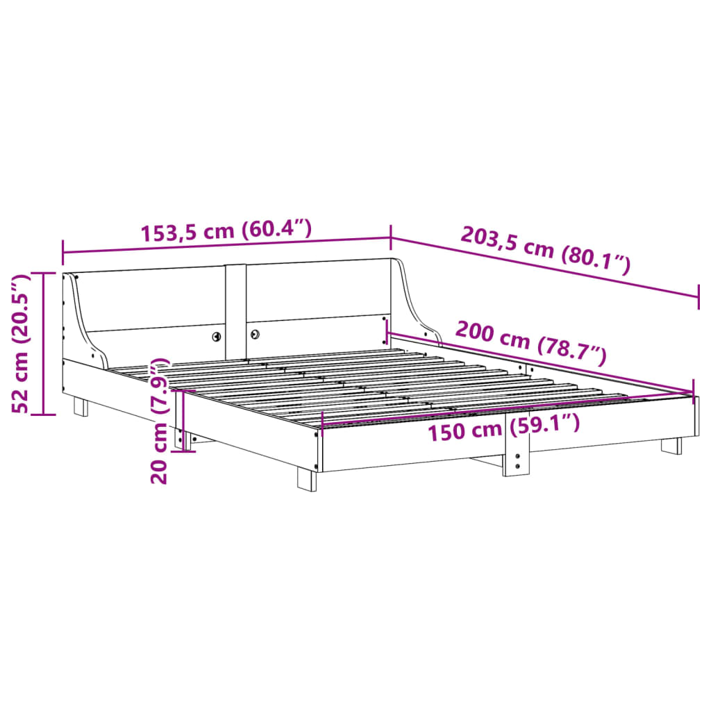 Sängram utan madrass vit 150x200 cm massiv furu