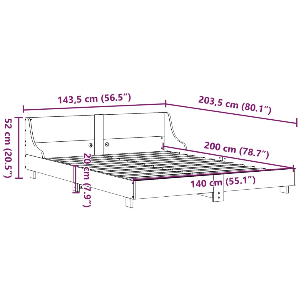 Sängram utan madrass vaxbrun 140x200 cm massiv furu