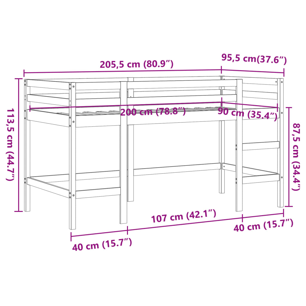 Loftsäng med stege vaxbrun 90x200 cm massiv furu