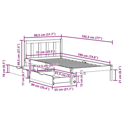 Sängram utan madrass 75x190 cm massiv furu