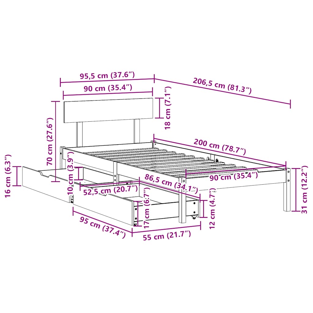 Sängram utan madrass 90x200 cm massiv furu