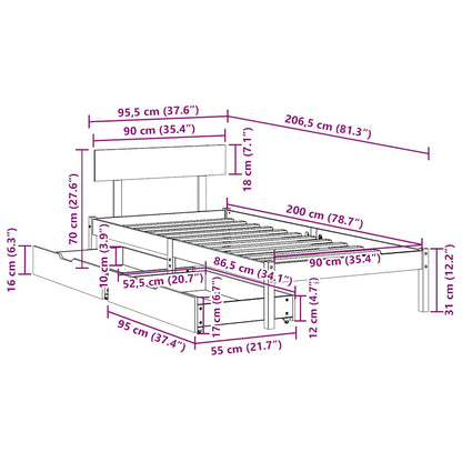 Sängram utan madrass 90x200 cm massiv furu