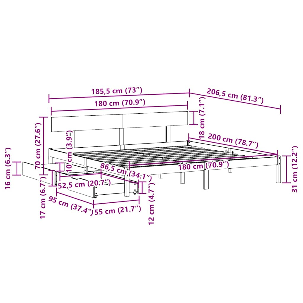 Sängram utan madrass 180x200 cm massiv furu