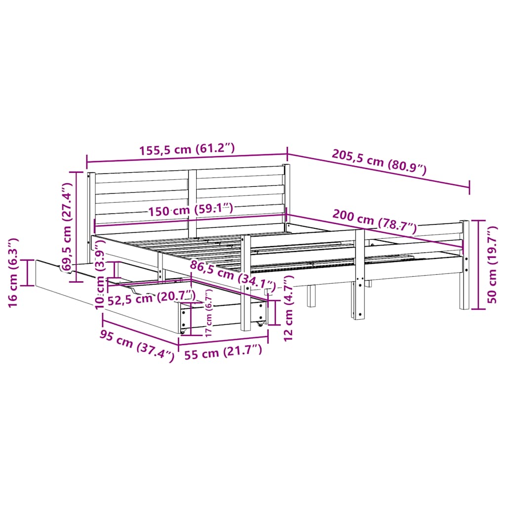 Sängram utan madrass 150x200 cm massiv furu