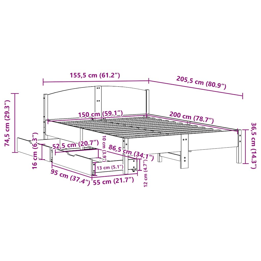 Sängram utan madrass 150x200 cm massiv furu