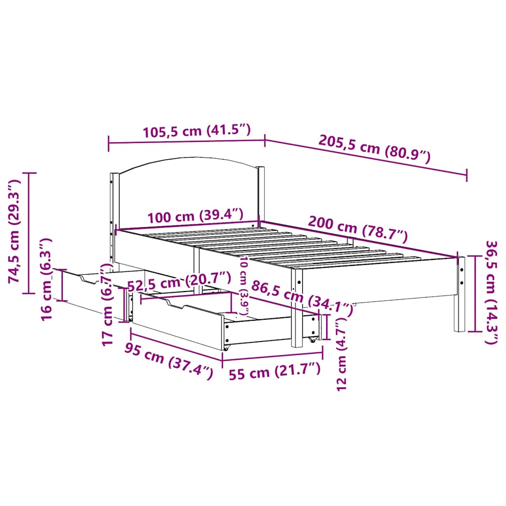 Sängram utan madrass 100x200 cm massiv furu