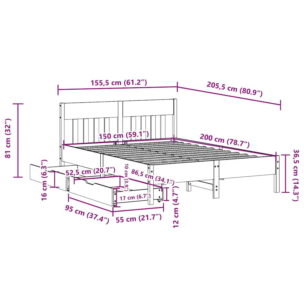 Sängram utan madrass 150x200 cm massiv furu