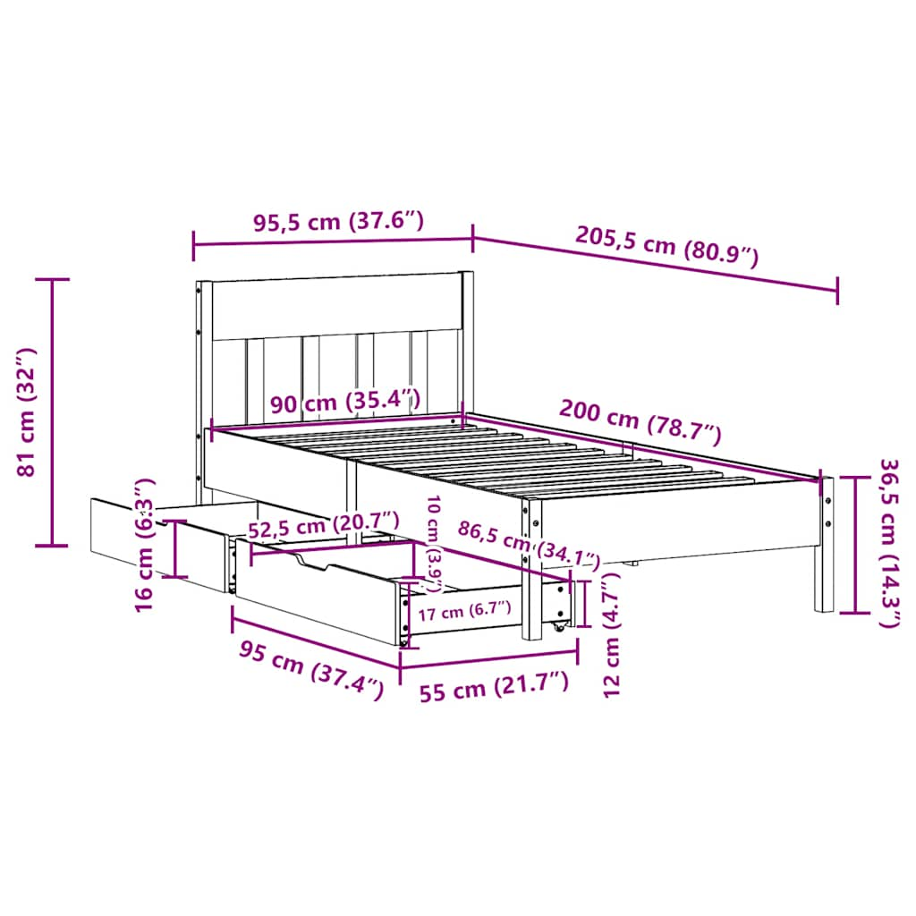 Sängram utan madrass 90x200 cm massiv furu