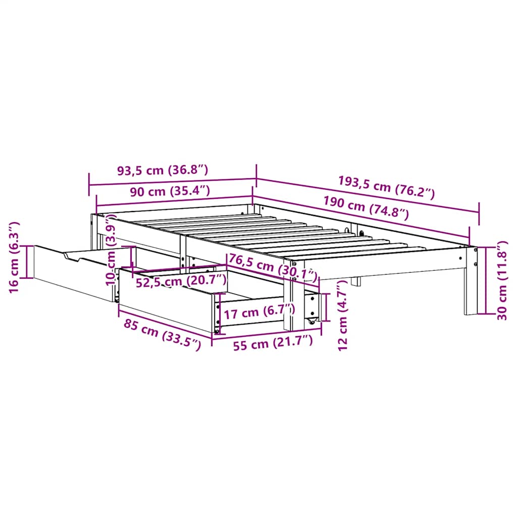 Sängram med lådor vit 90x190 cm massiv furu