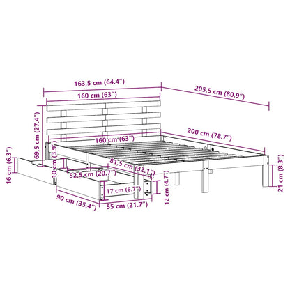Sängram med lådor 160x200 cm massiv furu