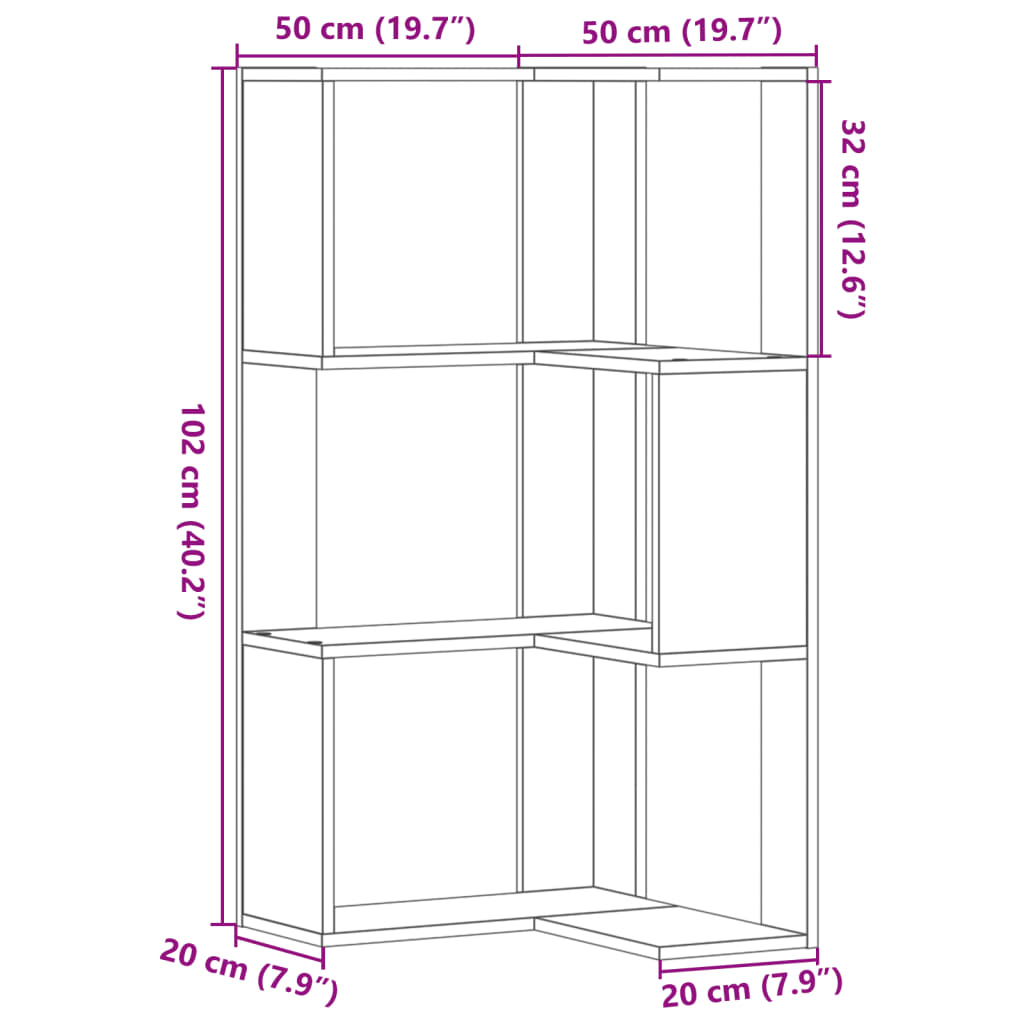 Bokhylla hörn 3 hyllplan vit 50x50x102 cm konstruerat trä