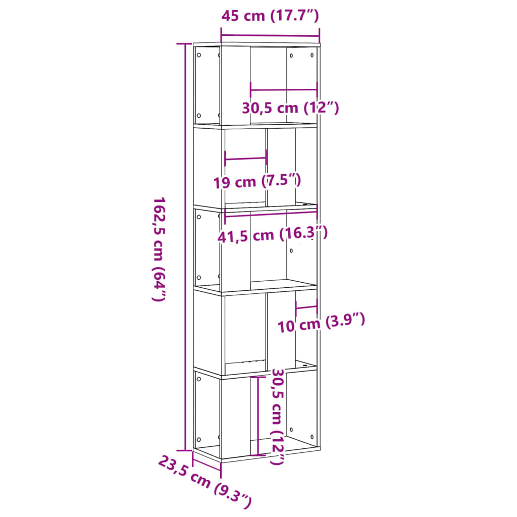 Bokhylla 5 hyllplan vit 45x23,5x162,5 cm konstruerat trä