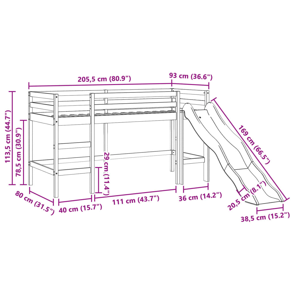 Loftsäng utan madrass 80x200 cm massiv furu