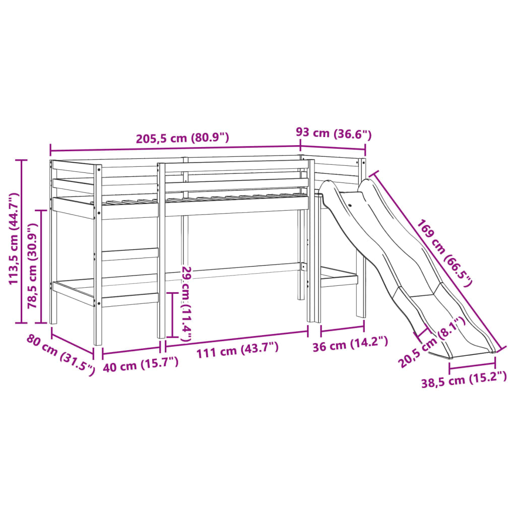 Loftsäng utan madrass vaxbrun 80x200 cm massiv furu