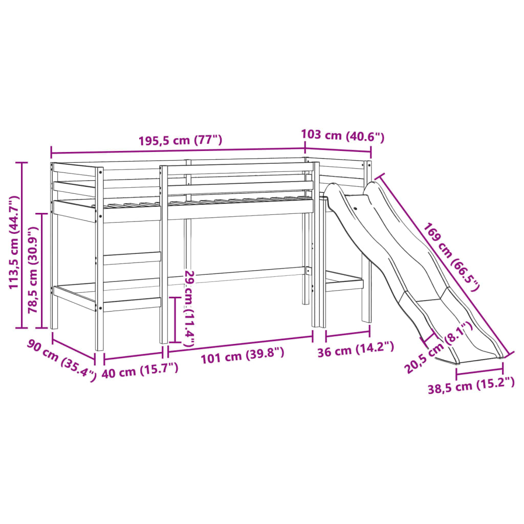 Loftsäng utan madrass 90x190 cm massiv furu