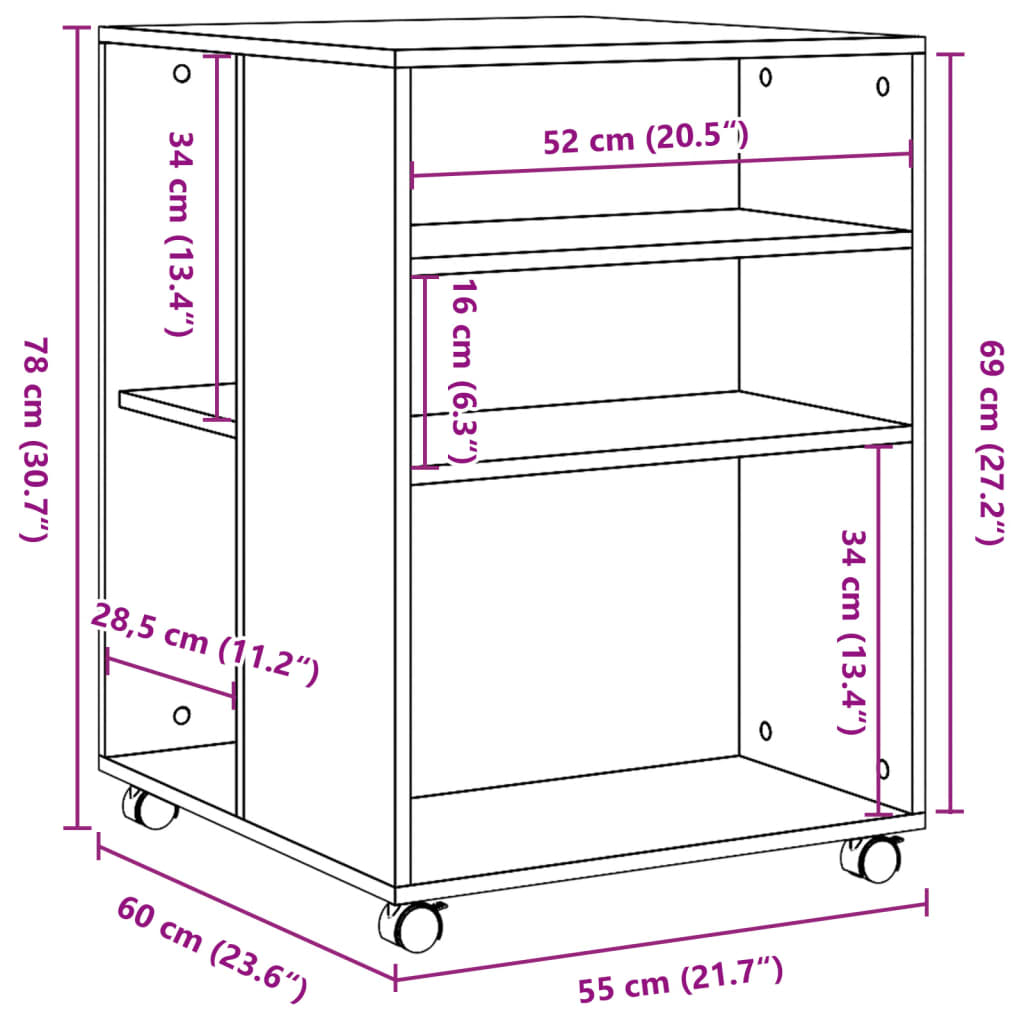 Sidobord med hjul svart 55x60x78 cm konstruerat trä