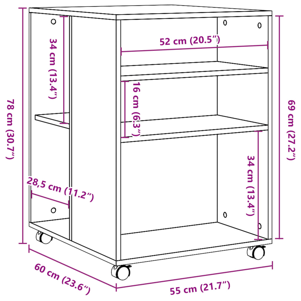 Sidobord med hjul sonoma-ek 55x60x78 cm konstruerat trä