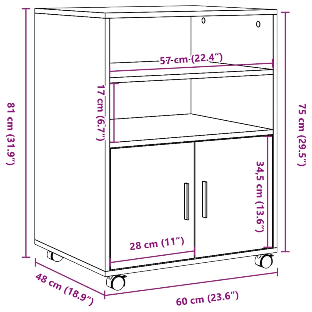 Skåp med hjul vit 60x48x81 cm konstruerat trä