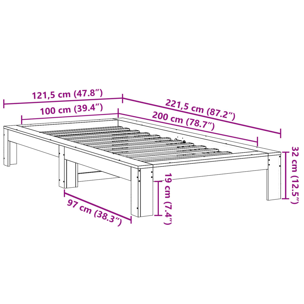 Sängram utan madrass 100x200 cm massiv furu