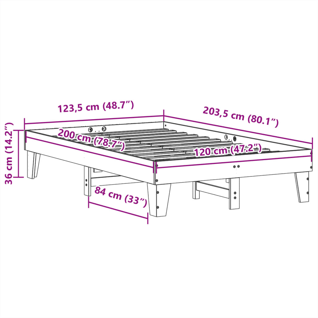 Sängram utan madrass 120x200 cm massiv furu