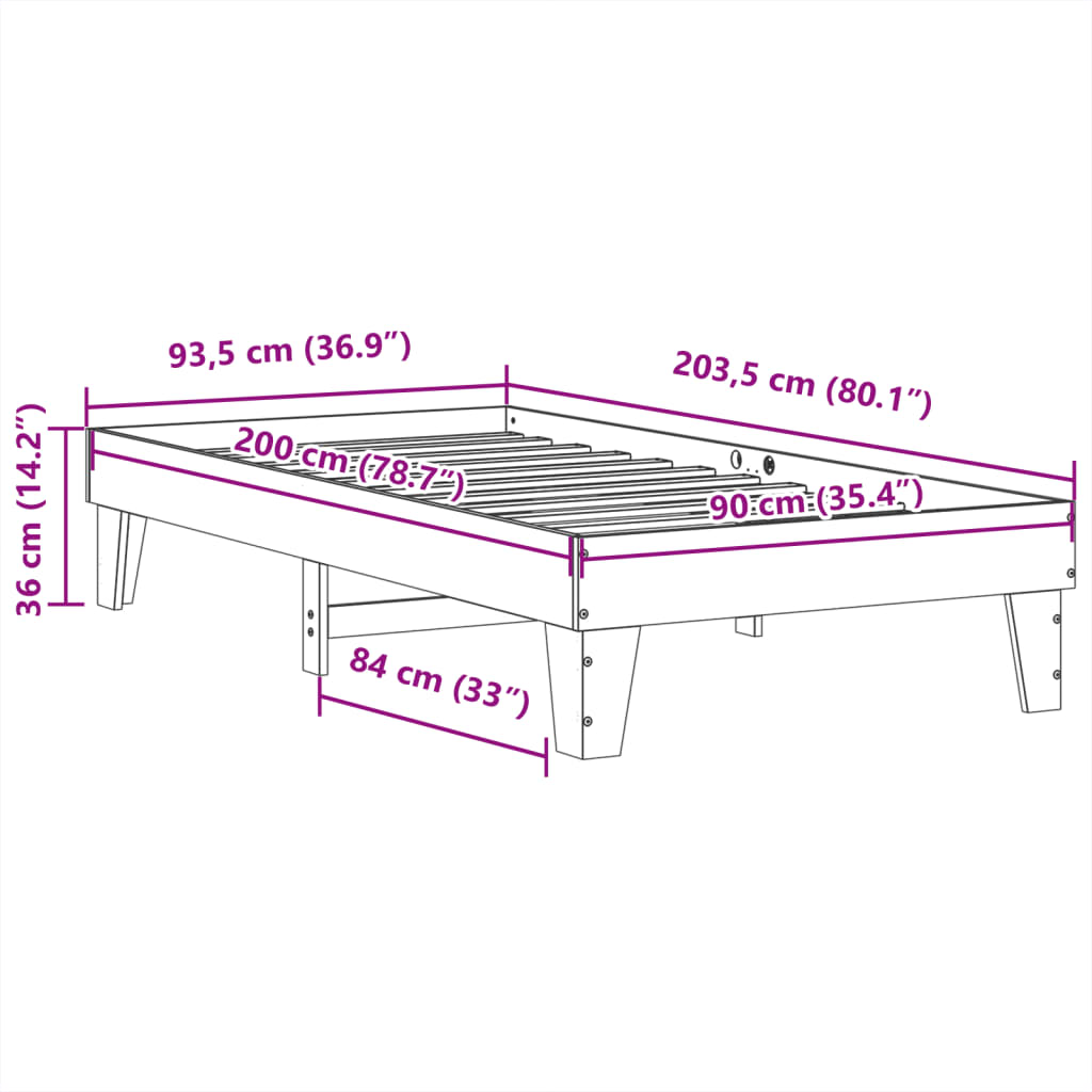 Sängram utan madrass vit 90x200 cm massiv furu