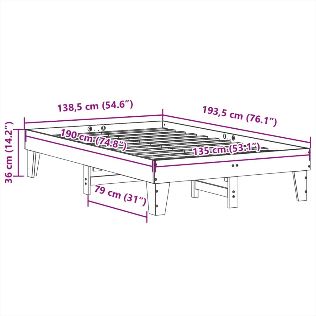 Sängram utan madrass vaxbrun 135x190 cm massiv furu