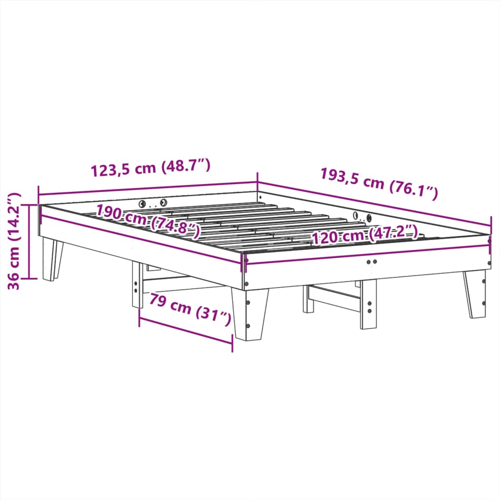 Sängram utan madrass vit 120x190 cm massiv furu