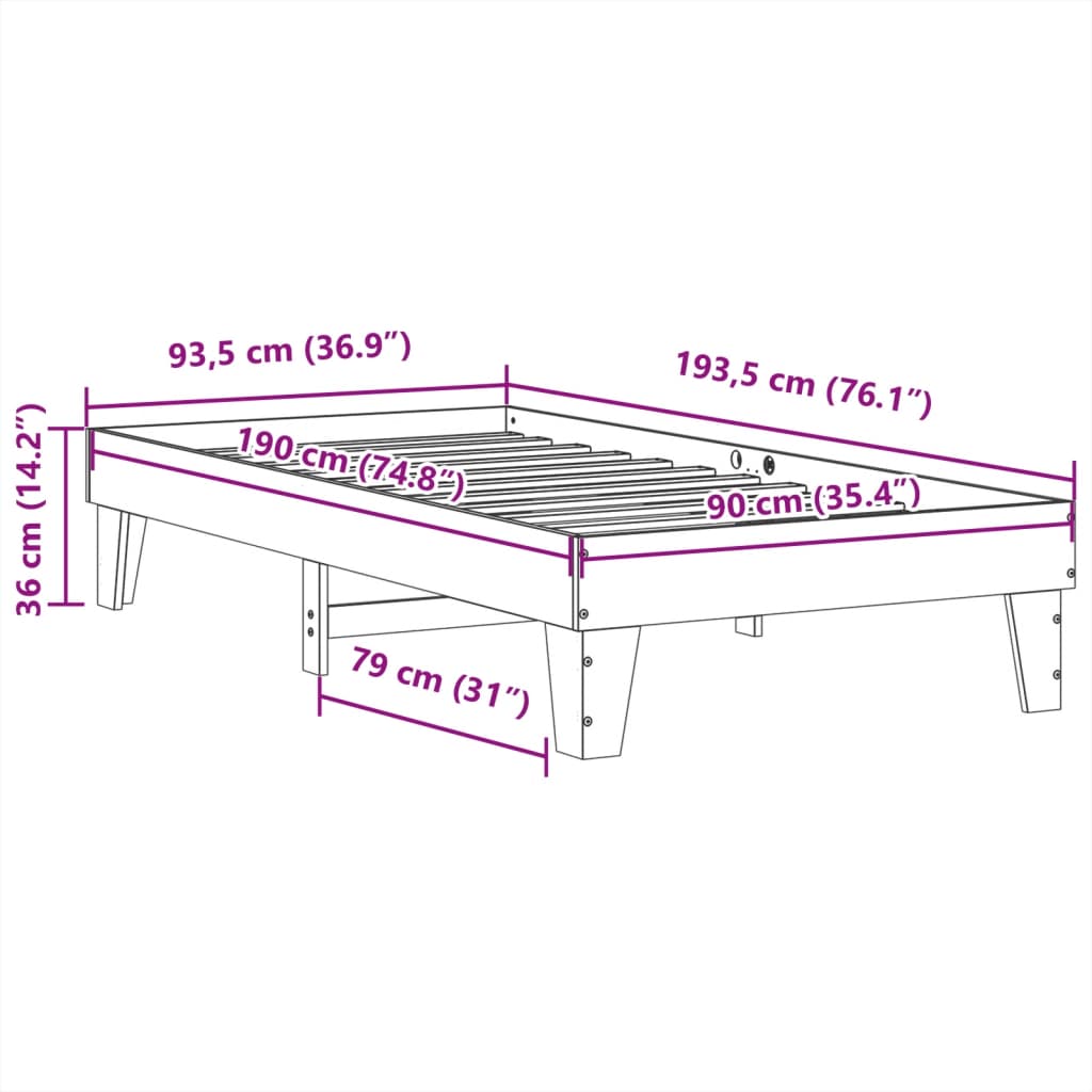 Sängram utan madrass 90x190 cm massiv furu