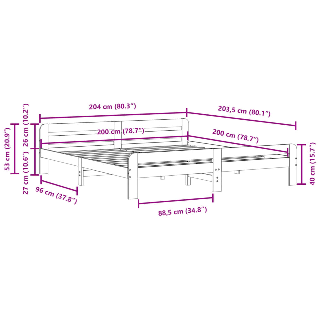 Sängram utan madrass 200x200 cm massiv furu