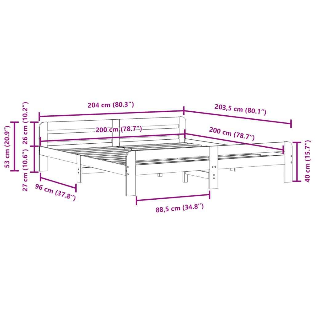 Sängram utan madrass vaxbrun 200x200 cm massiv furu