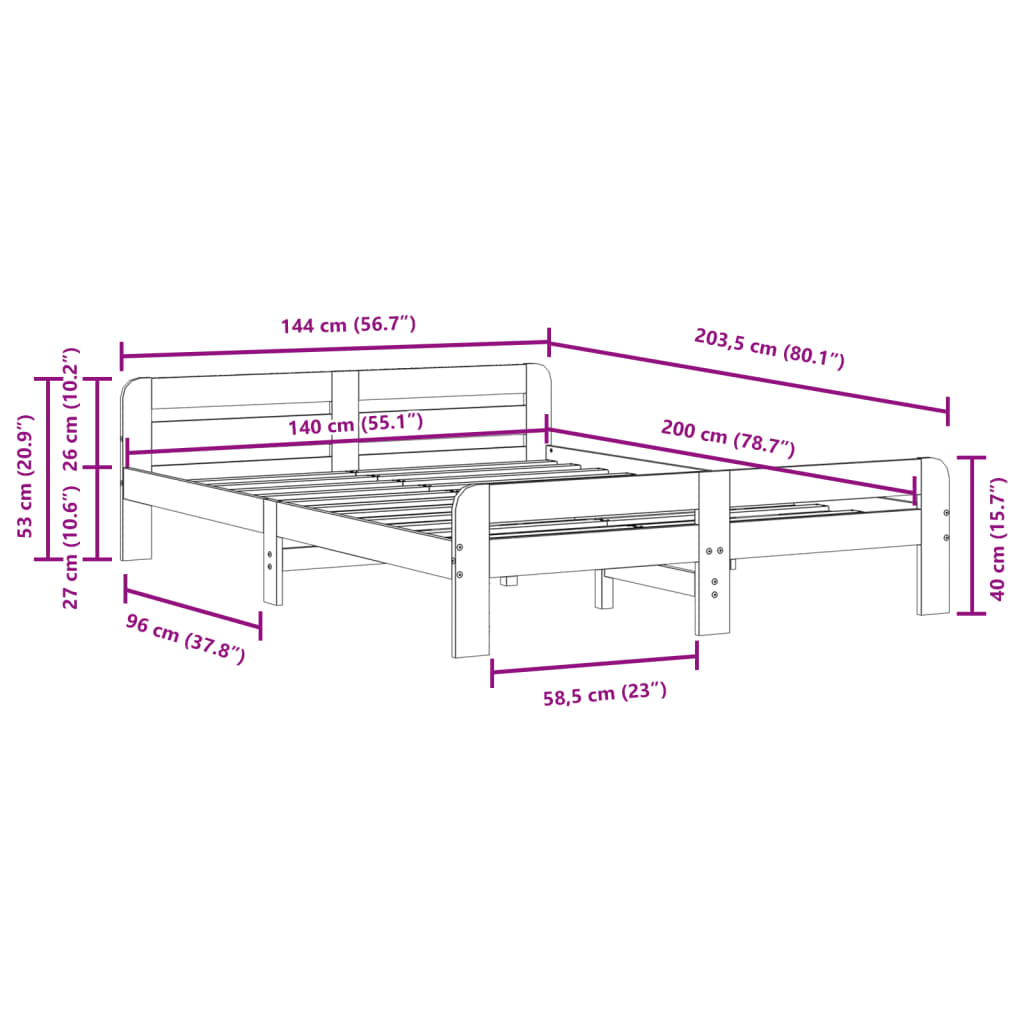 Sängram utan madrass vit 140x200 cm massiv furu