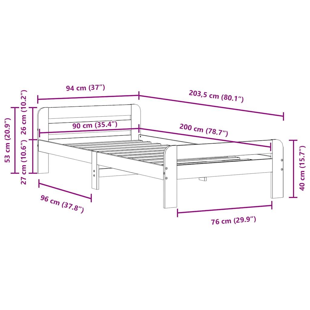 Sängram utan madrass vaxad brun 90x200 cm massiv furu