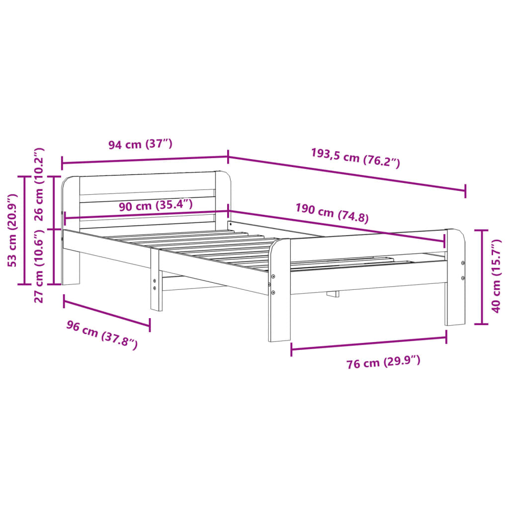 Sängram utan madrass vit 90x190 cm massiv furu