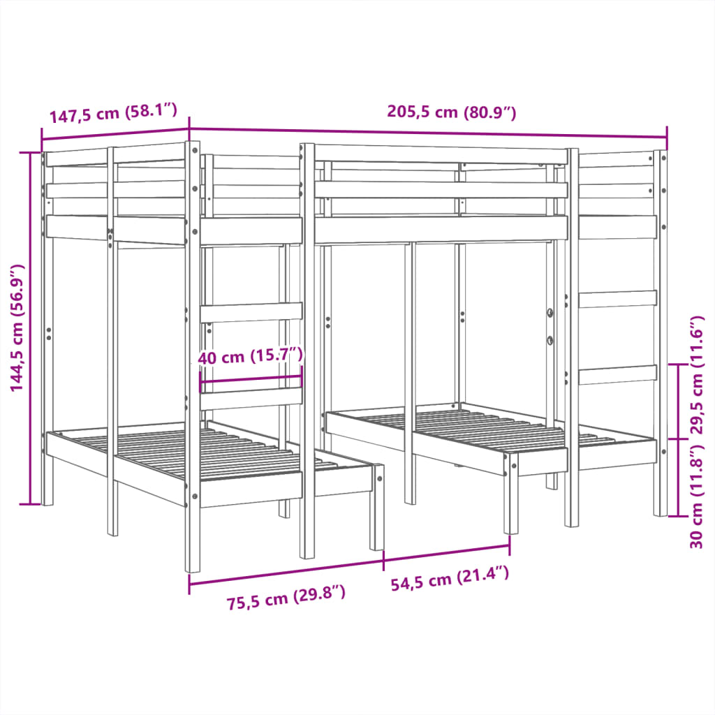 Våningssäng 3 platser vit 140x200/70x140 cm massiv furu