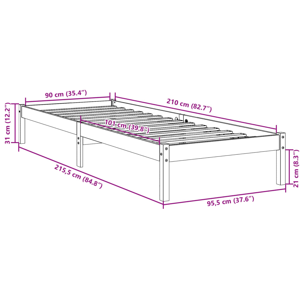 Sängram utan madrass extra lång vit 90x210 cm massiv furu