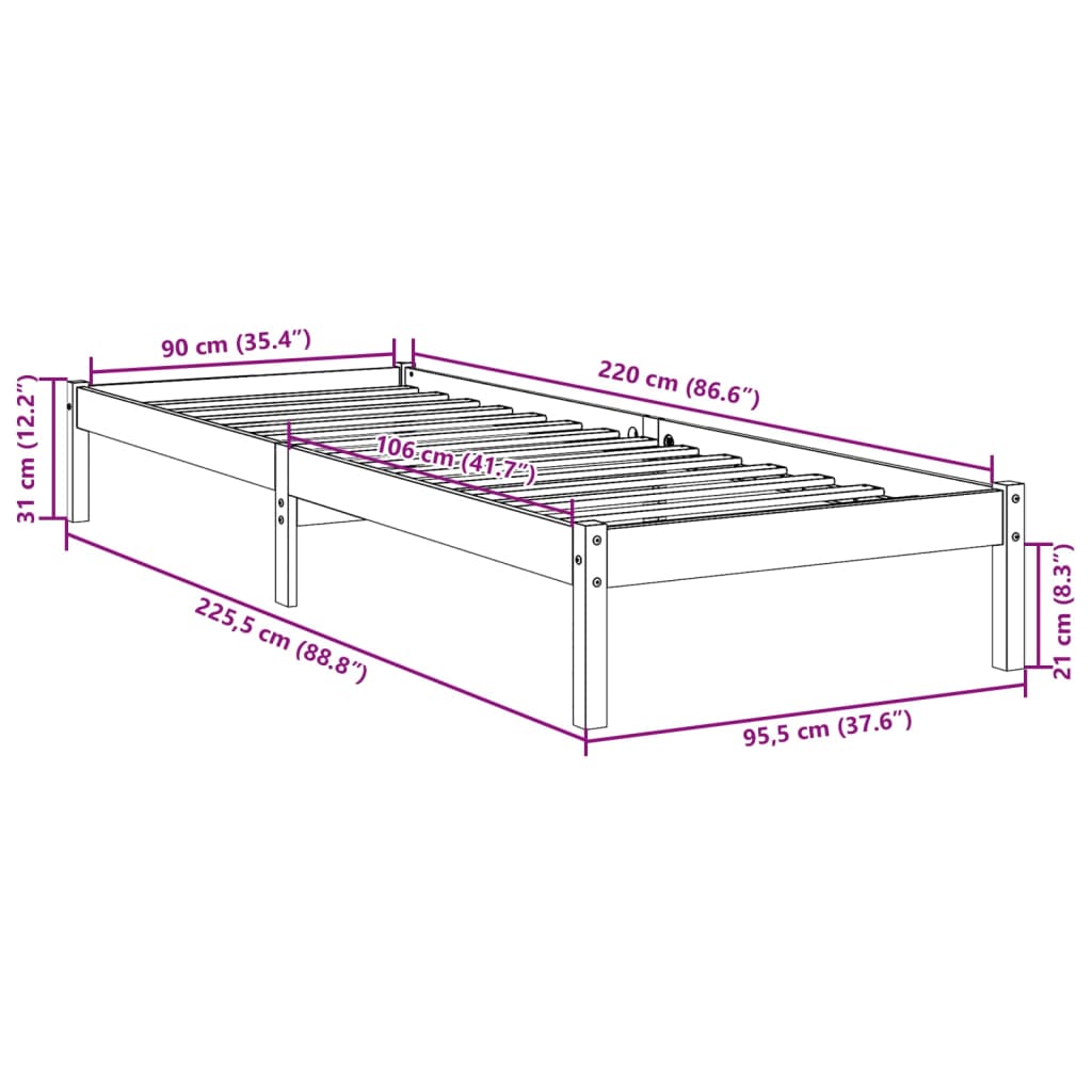 Sängram utan madrass extra lång vit 90x220 cm massiv furu