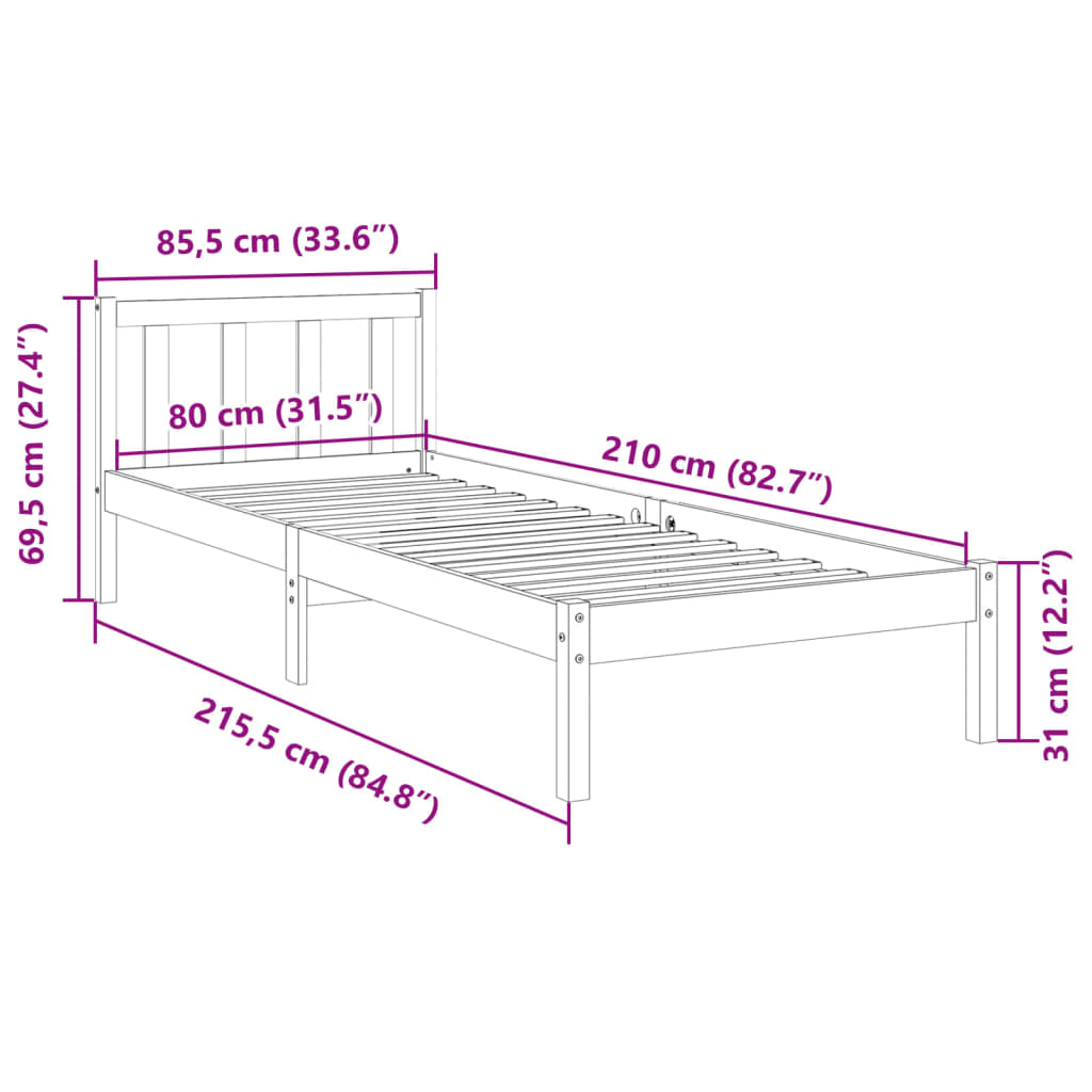 Sängram utan madrass extra lång vit 80x210 cm massiv furu