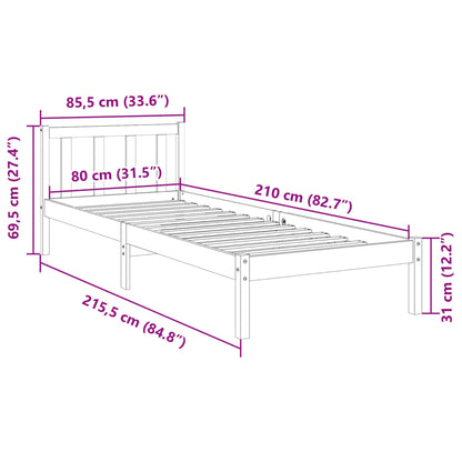 Sängram utan madrass extra lång vit 80x210 cm massiv furu