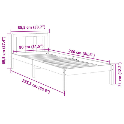 Sängram utan madrass extra lång 80x220 cm massiv furu