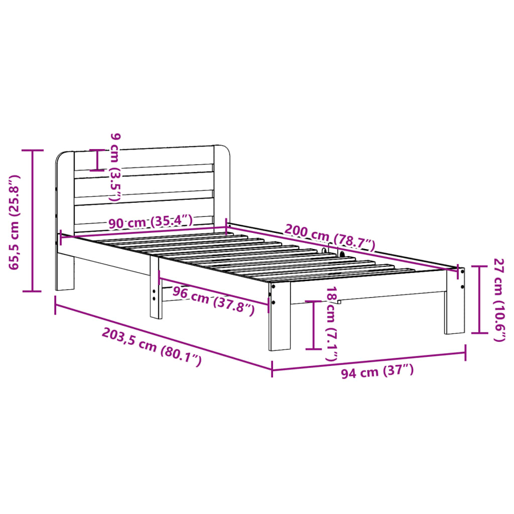 Sängram utan madrass vaxad brun 90x200 cm massiv furu