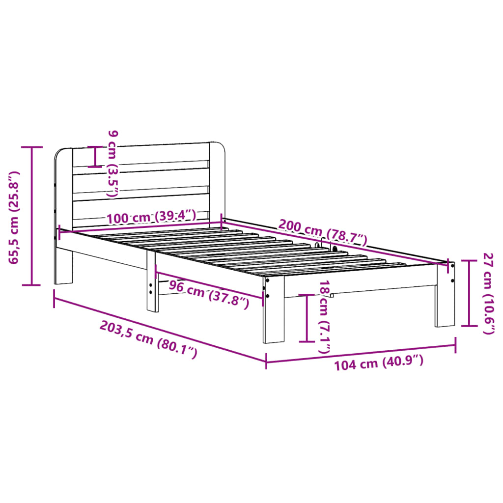 Sängram utan madrass vaxbrun 100x200 cm massiv furu