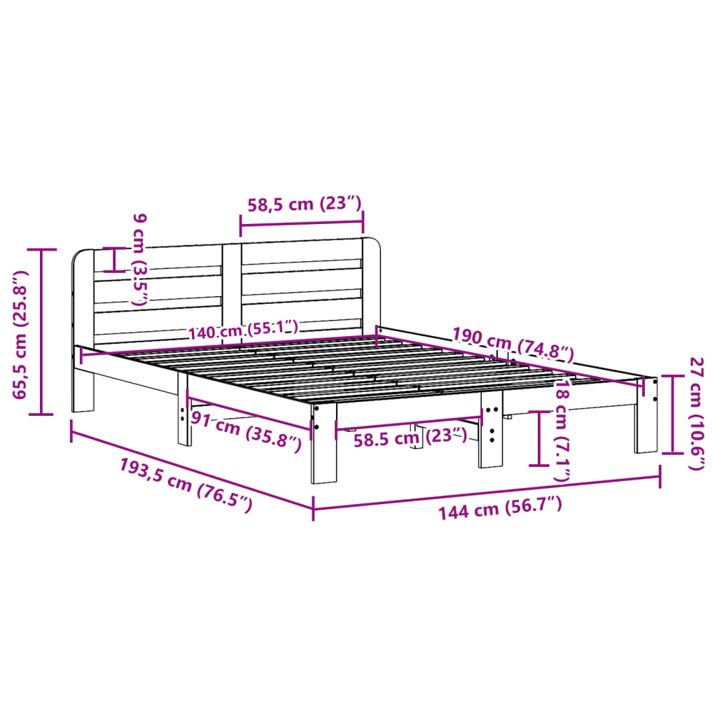 Sängram utan madrass vit 140x190 cm massiv furu